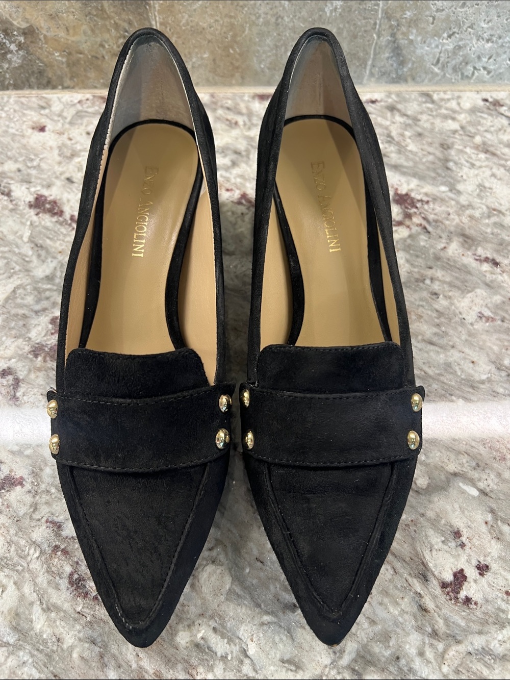 Enzo Angiolini Black Suede Pointed Loafers with Gold Studs